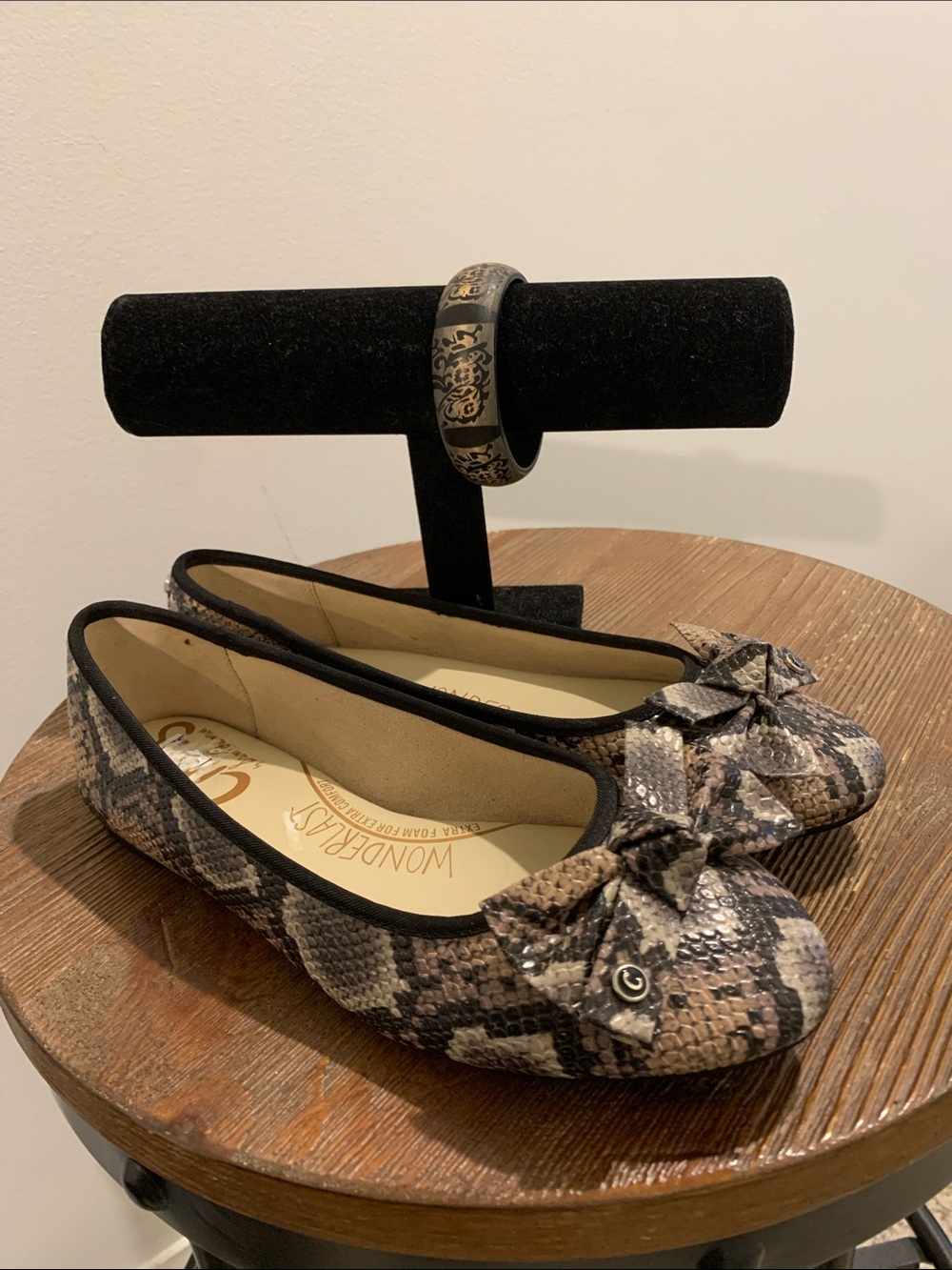 Circus by Sam Edelman Snake-Print Ballet Flats in Beige and Black with bracelet